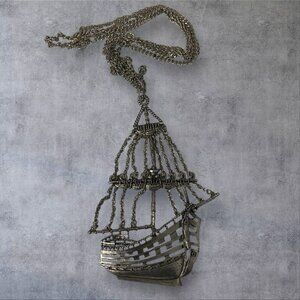 Sailing Ship Necklace Nautical Detailed 1960’s-70’s Silver Tone Vintage